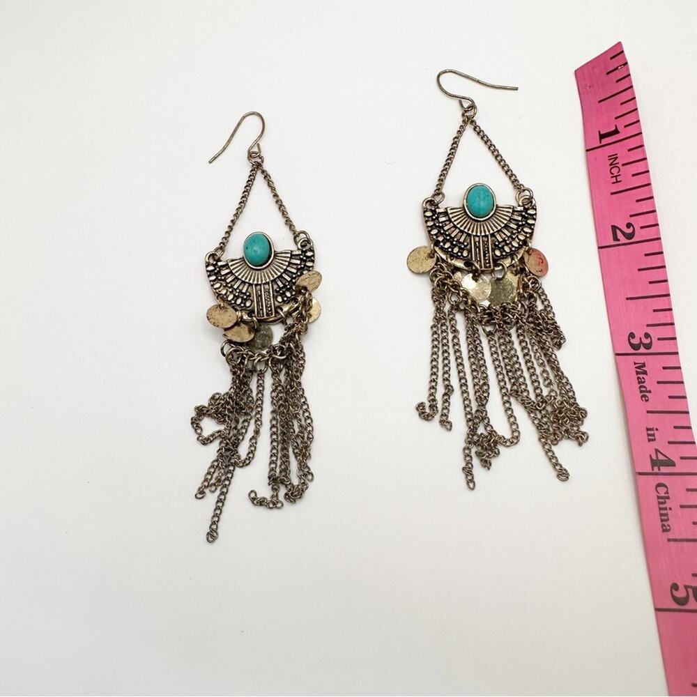Western Blue Gold tone Turquoise Dangle Chandelier Statement Earrings Boho - Picture 5 of 9